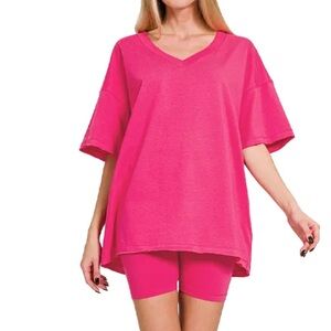 Zenana Outfitters 2pc v neck cotton Hot Pink Set